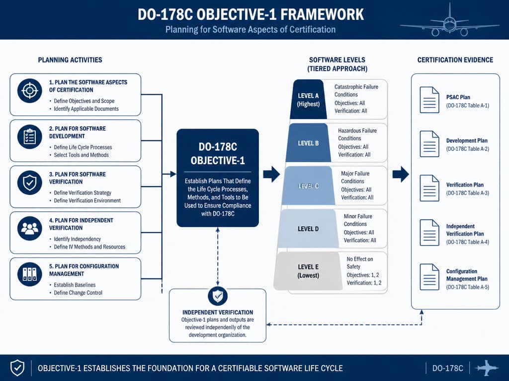 DO-178C Objective-1에서 소프트웨어 생명주기 프로세스 활동과 소프트웨어 레벨별 Objective 만족 구조를 보여주는 이미지