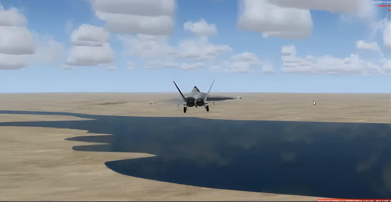 Prepar3D 기반 맞춤형 비행 시뮬레이터에서 F-22 항공기가 호수 위를 비행하는 이미지