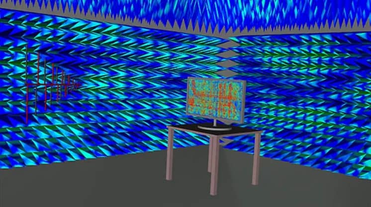 Ansys HFSS Mesh Fusion으로 EMI 챔버 내 터치스크린 TV 패널의 전자기 방출을 시뮬레이션하는 이미지