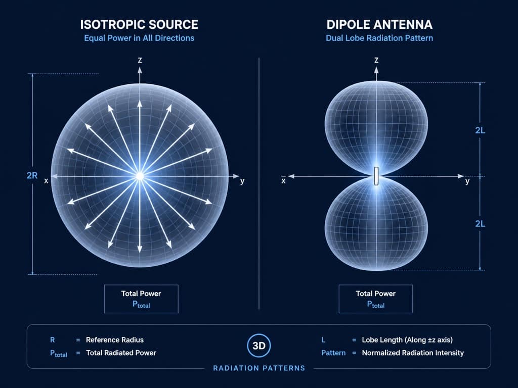 EIRP의 isotropic source 기준과 ERP의 반파장 다이폴 기준 차이를 비교한 이미지